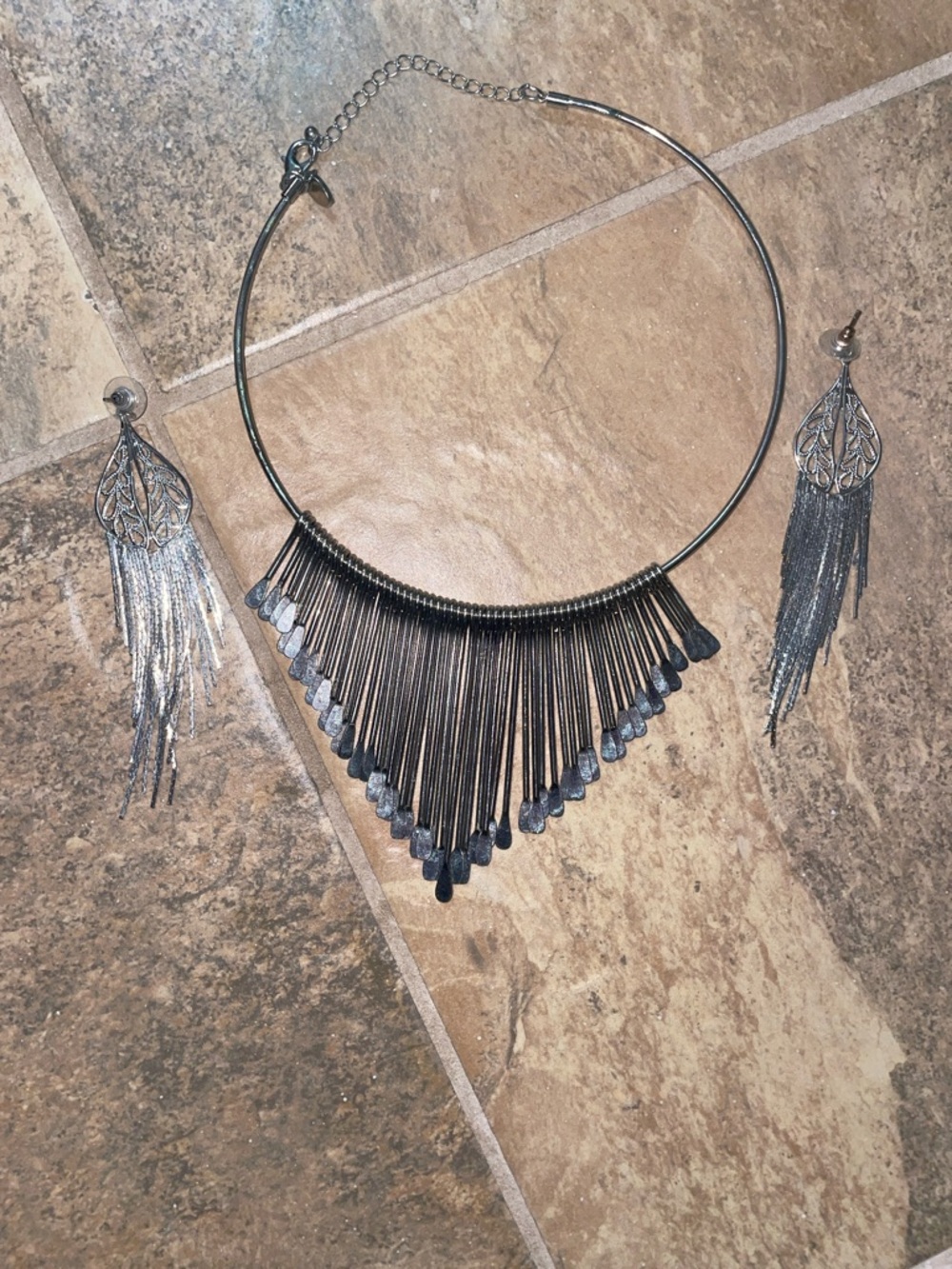 Silver Fringe Statement Necklace and Earrings Set